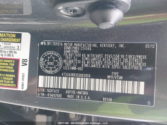 Продаж на аукціоні авто 2012 Toyota Venza Le/xle, vin: 4T3ZA3BB3CU063050, номер лоту: 12611180