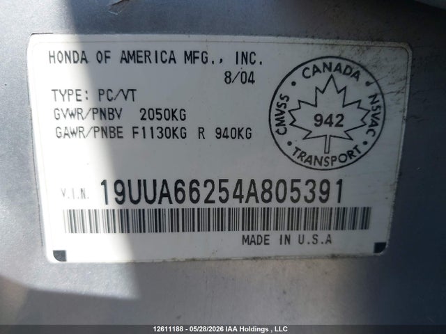 Aukcja sprzedaży 2004 Acura Tl, vin: 19UUA66254A805391, numer aukcji: 12611188