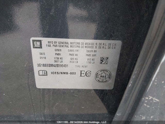 Продажа на аукционе авто 2018 Chevrolet Cruze Lt Auto, vin: 3G1BE6SM4JS590431, номер лота: 12611195