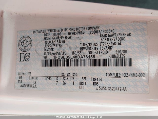 2008 Ford E-350 Cutaway მანქანა იყიდება აუქციონზე, vin: 1FDSE35L48DA76156, აუქციონის ნომერი: 12599058
