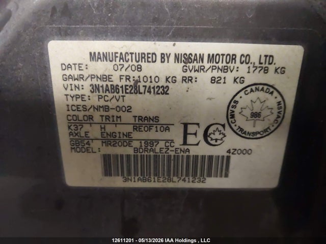 Продаж на аукціоні авто 2008 Nissan Sentra 2.0/2.0s/2.0sl, vin: 3N1AB61E28L741232, номер лоту: 12611201