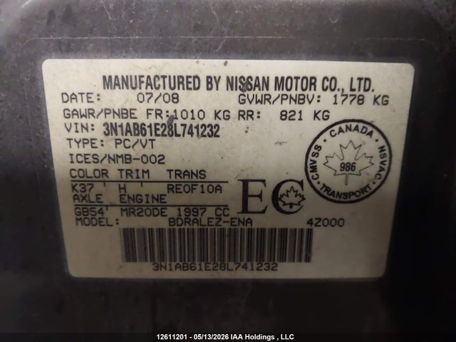 Продаж на аукціоні авто 2008 Nissan Sentra 2.0/2.0s/2.0sl, vin: 3N1AB61E28L741232, номер лоту: 12611201