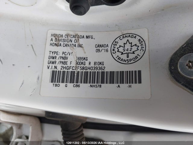 Aukcja sprzedaży 2016 Honda Civic, vin: 2HGFC2F58GH039362, numer aukcji: 12611202