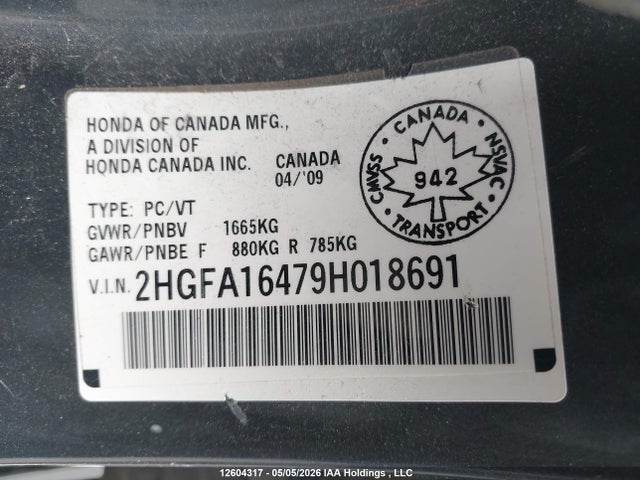 Продаж на аукціоні авто 2009 Honda Civic Dx-g, vin: 2HGFA16479H018691, номер лоту: 12604317