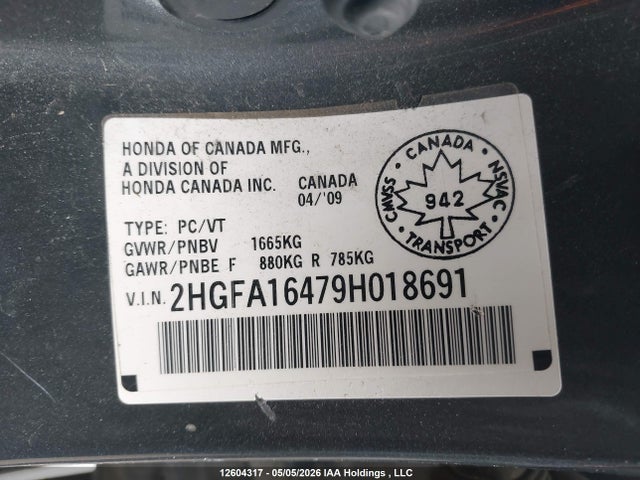 Продаж на аукціоні авто 2009 Honda Civic Dx-g, vin: 2HGFA16479H018691, номер лоту: 12604317