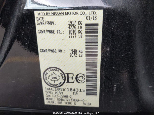 Продажа на аукционе авто 2018 Nissan Altima 2.5 S/2.5 Sl Tech/2.5 Sv, vin: 1N4AL3AP1JC184315, номер лота: 12604921