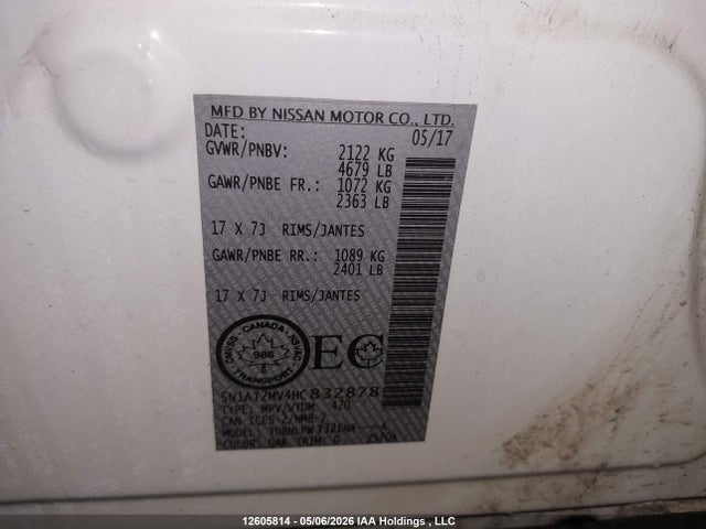 5N1AT2MV4HC832878 Nissan Rogue S/sl Platinum/sv