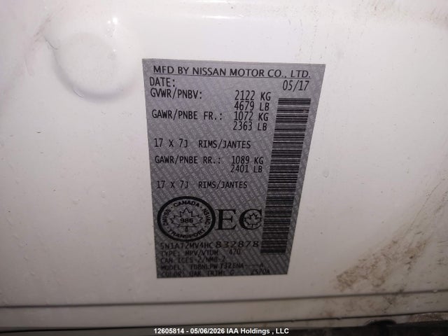 5N1AT2MV4HC832878 Nissan Rogue S/sl Platinum/sv
