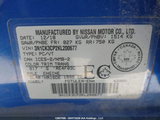 Aukcja sprzedaży 2019 Nissan Micra S/sr/sv, vin: 3N1CK3CP2KL200677, numer aukcji: 12607056