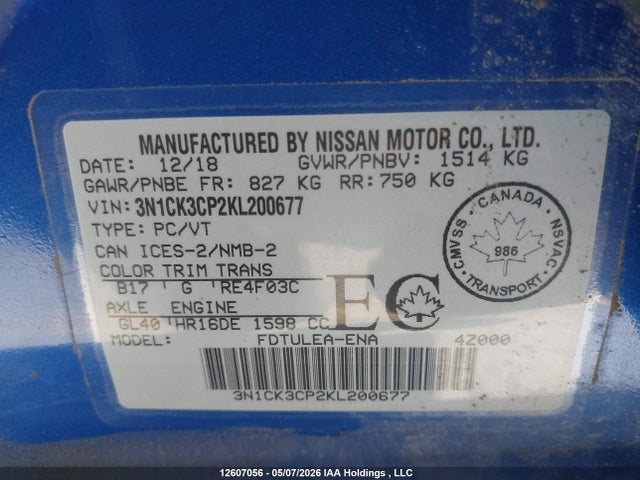 Aukcja sprzedaży 2019 Nissan Micra S/sr/sv, vin: 3N1CK3CP2KL200677, numer aukcji: 12607056