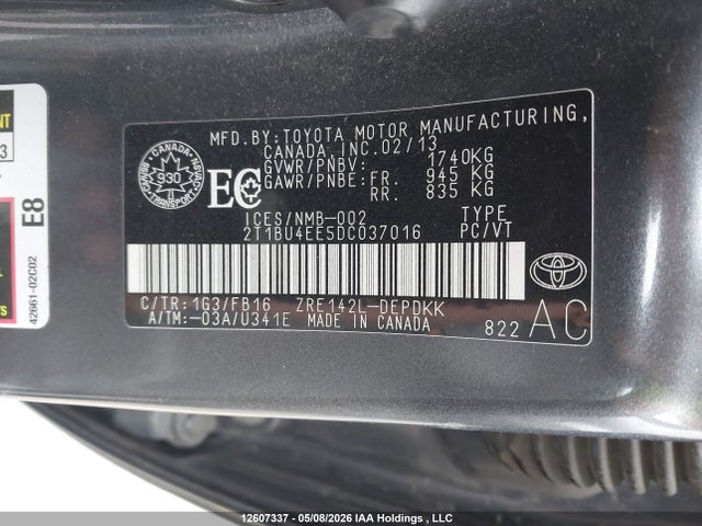 2013 Toyota Corolla Ce მანქანა იყიდება აუქციონზე, vin: 2T1BU4EE5DC037016, აუქციონის ნომერი: 12607337