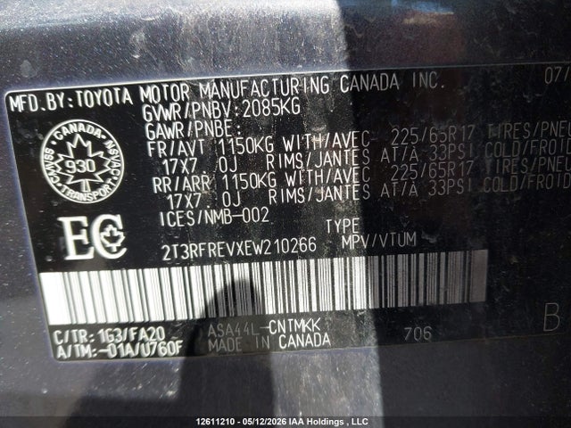 Aukcja sprzedaży 2014 Toyota Rav4 Xle, vin: 2T3RFREVXEW210266, numer aukcji: 12611210