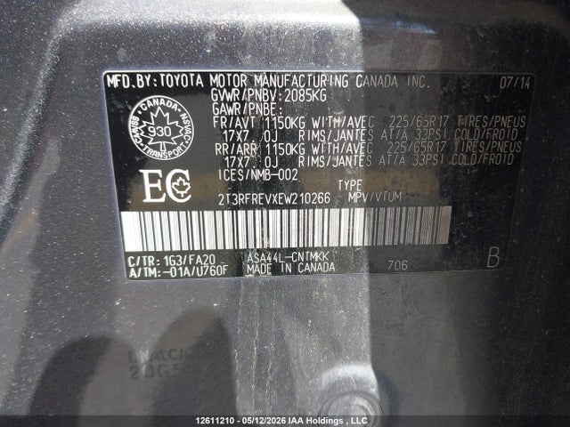 Aukcja sprzedaży 2014 Toyota Rav4 Xle, vin: 2T3RFREVXEW210266, numer aukcji: 12611210