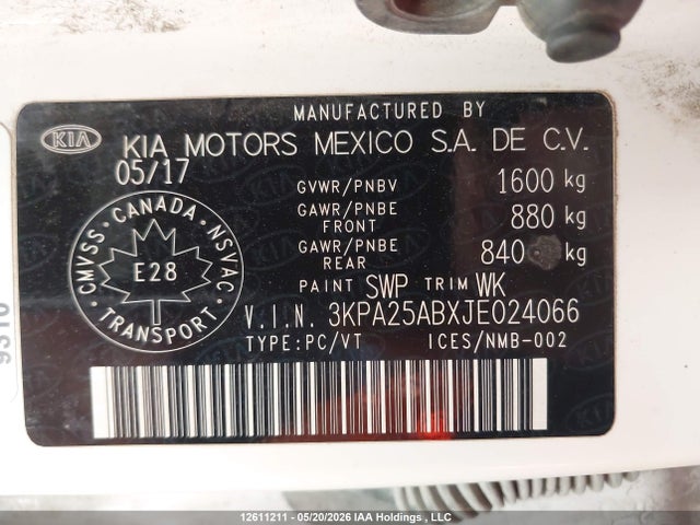 Aukcja sprzedaży 2018 Kia Rio Lx/lx+, vin: 3KPA25ABXJE024066, numer aukcji: 12611211