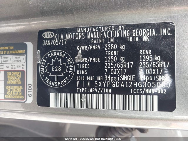 Продажа на аукционе авто 2017 Kia Sorento 2.0l Lx Turbo, vin: 5XYPGDA12HG305000, номер лота: 12611221