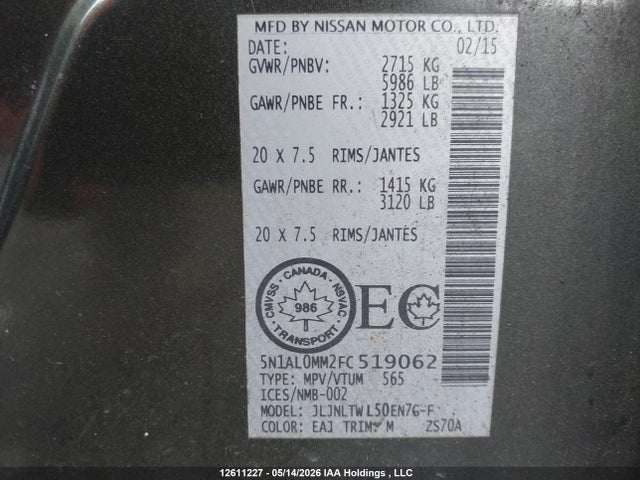 12611227 :رقم المزاد ، 5N1AL0MM2FC519062 vin ، 2015 Infiniti Qx60 مزاد بيع