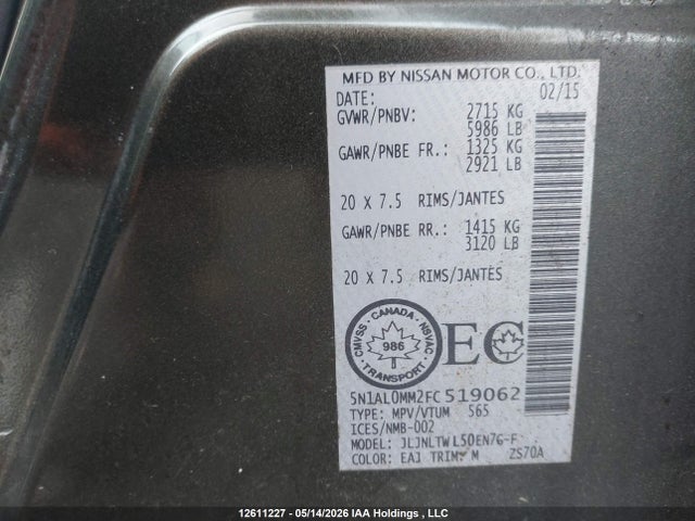 12611227 :رقم المزاد ، 5N1AL0MM2FC519062 vin ، 2015 Infiniti Qx60 مزاد بيع