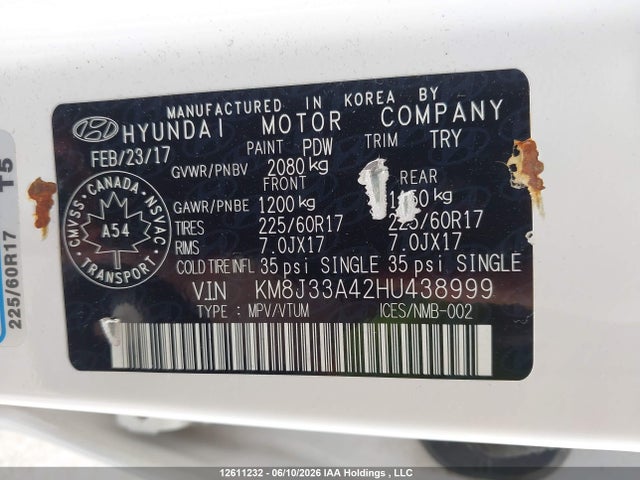 2017 Hyundai Tucson Premium მანქანა იყიდება აუქციონზე, vin: KM8J33A42HU438999, აუქციონის ნომერი: 12611232