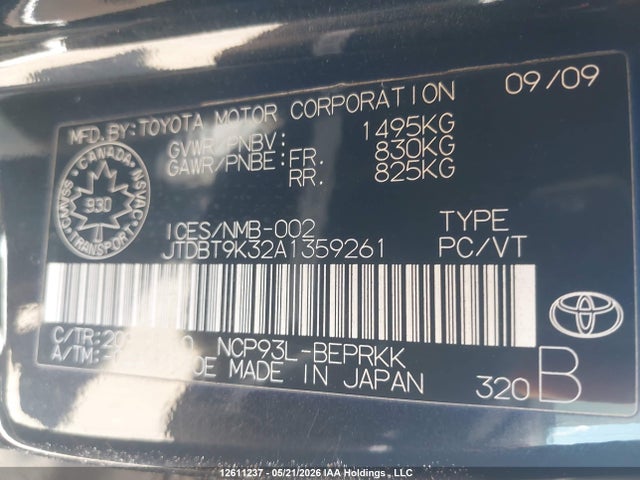 12611237 :رقم المزاد ، JTDBT9K32A1359261 vin ، 2010 Toyota Yaris مزاد بيع