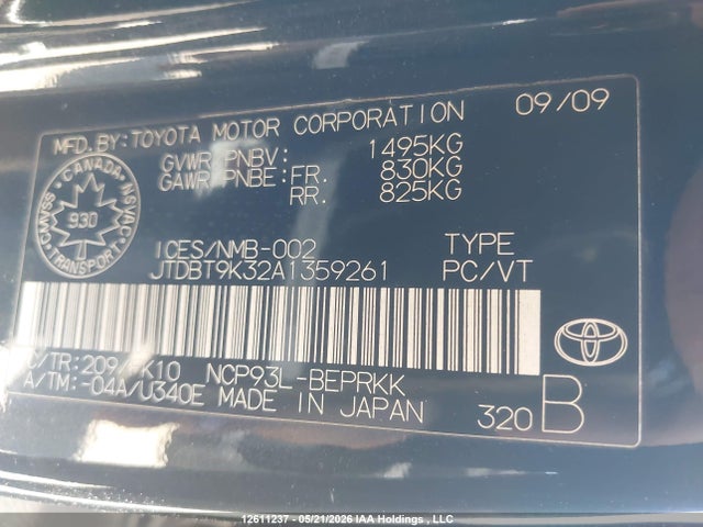 12611237 :رقم المزاد ، JTDBT9K32A1359261 vin ، 2010 Toyota Yaris مزاد بيع