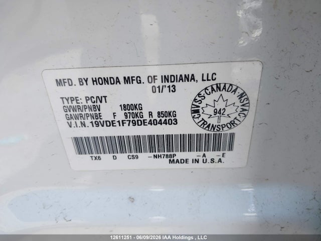 12611251 :رقم المزاد ، 19VDE1F79DE404403 vin ، 2013 Acura Ilx مزاد بيع