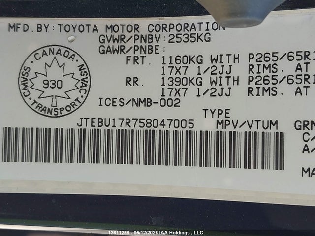 12611258 :رقم المزاد ، JTEBU17R758047005 vin ، 2005 Toyota 4runner Limited مزاد بيع