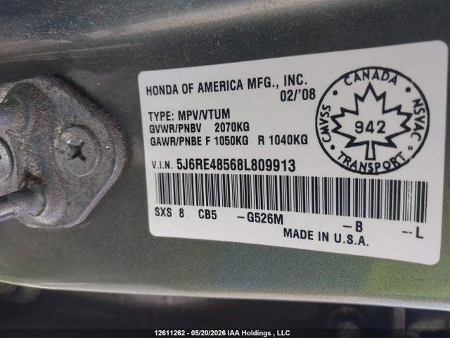 12611262 :رقم المزاد ، 5J6RE48568L809913 vin ، 2008 Honda Cr-v Ex مزاد بيع