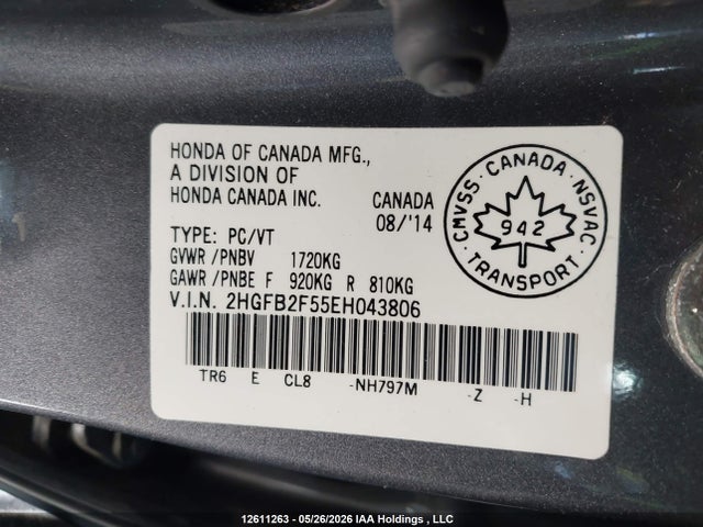2014 Honda Civic მანქანა იყიდება აუქციონზე, vin: 2HGFB2F55EH043806, აუქციონის ნომერი: 12611263