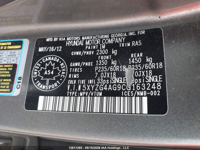 Продаж на аукціоні авто 2012 Hyundai Santa Fe Gl 3.5 Sport, vin: 5XYZG4AG9CG163248, номер лоту: 12611265