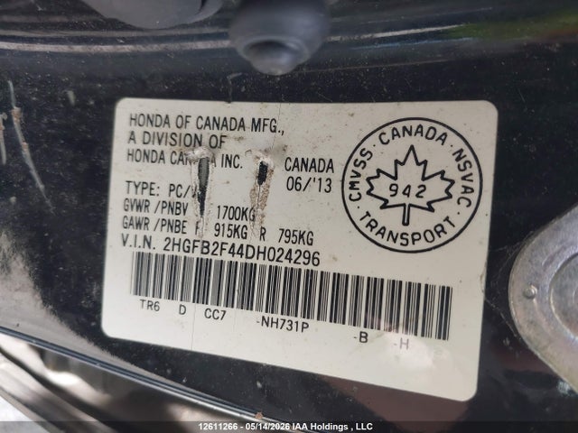 12611266 :رقم المزاد ، 2HGFB2F44DH024296 vin ، 2013 Honda Civic Lx مزاد بيع