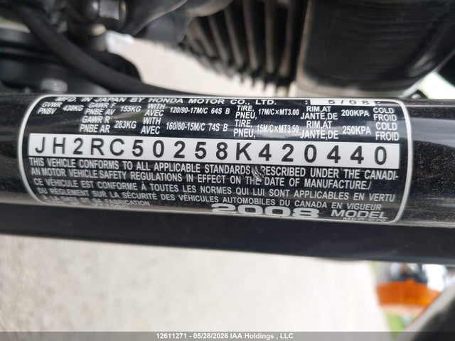 Aukcja sprzedaży 2008 Honda Vt750c Shadow Aero, vin: JH2RC50258K420440, numer aukcji: 12611271