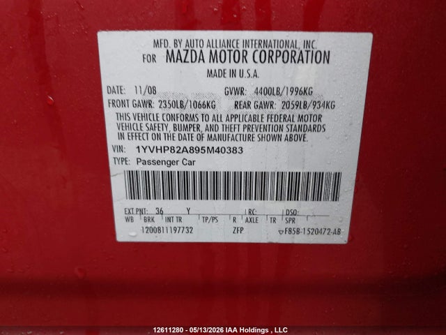 12611280 :رقم المزاد ، 1YVHP82A895M40383 vin ، 2009 Mazda 6 I مزاد بيع