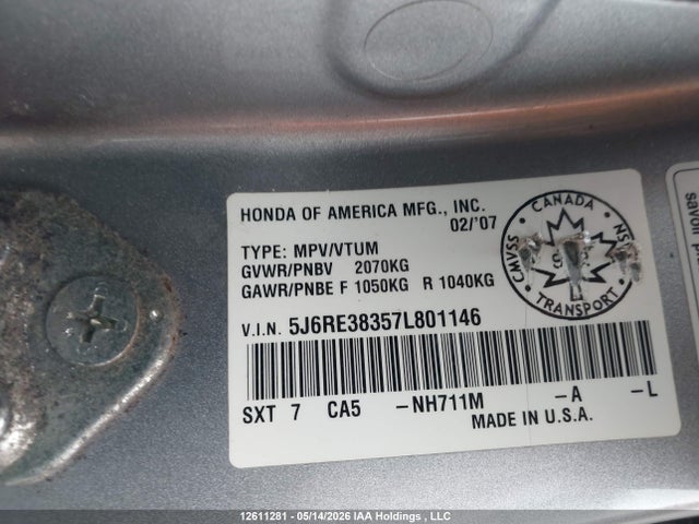 Aukcja sprzedaży 2007 Honda Cr-v Lx, vin: 5J6RE38357L801146, numer aukcji: 12611281