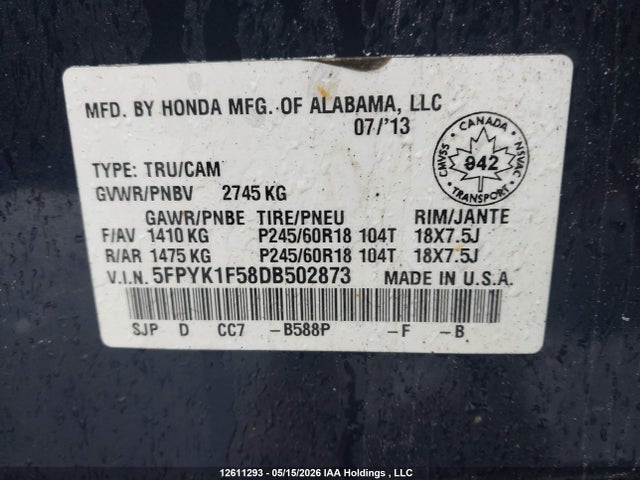 2013 Honda Ridgeline Rtl მანქანა იყიდება აუქციონზე, vin: 5FPYK1F58DB502873, აუქციონის ნომერი: 12611293