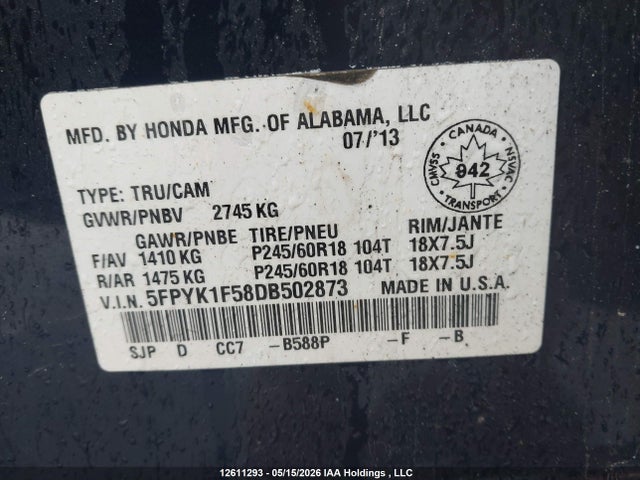 2013 Honda Ridgeline Rtl მანქანა იყიდება აუქციონზე, vin: 5FPYK1F58DB502873, აუქციონის ნომერი: 12611293