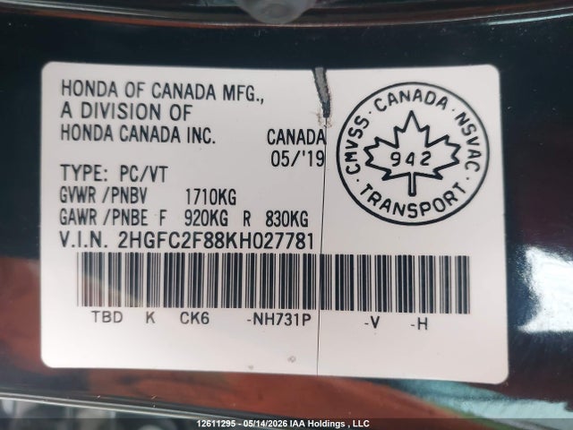 2HGFC2F88KH027781 Honda Civic