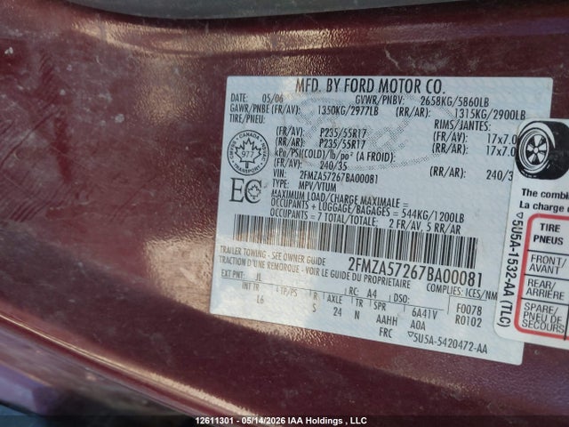 Продаж на аукціоні авто 2007 Ford Freestar Sport, vin: 2FMZA57267BA00081, номер лоту: 12611301