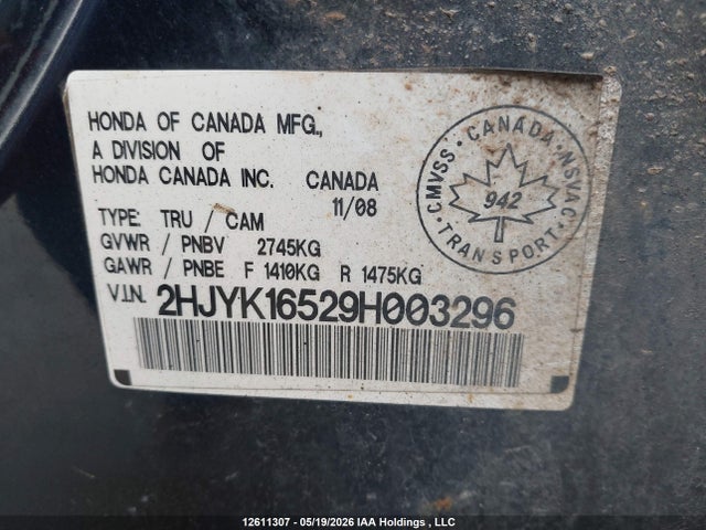 2009 Honda Ridgeline Rtl მანქანა იყიდება აუქციონზე, vin: 2HJYK16529H003296, აუქციონის ნომერი: 12611307