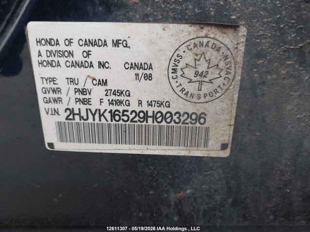 2009 Honda Ridgeline Rtl მანქანა იყიდება აუქციონზე, vin: 2HJYK16529H003296, აუქციონის ნომერი: 12611307