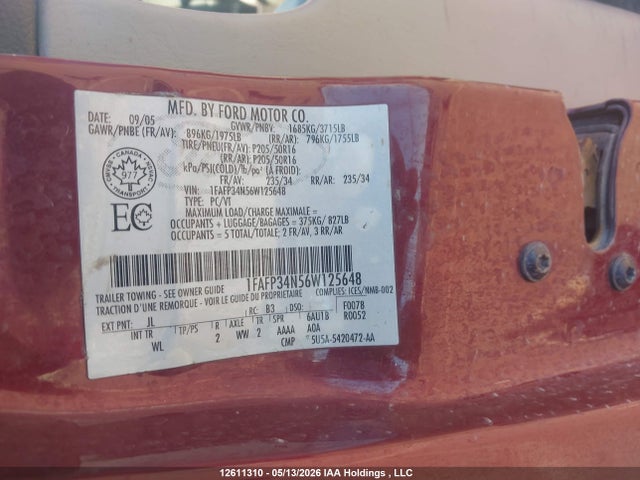 2006 Ford Focus Zx4 მანქანა იყიდება აუქციონზე, vin: 1FAFP34N56W125648, აუქციონის ნომერი: 12611310