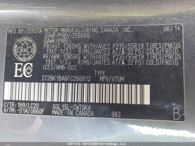 12611312 :رقم المزاد ، 2T2BK1BA6FC266812 vin ، 2015 Lexus Rx 350 Sportdesign مزاد بيع