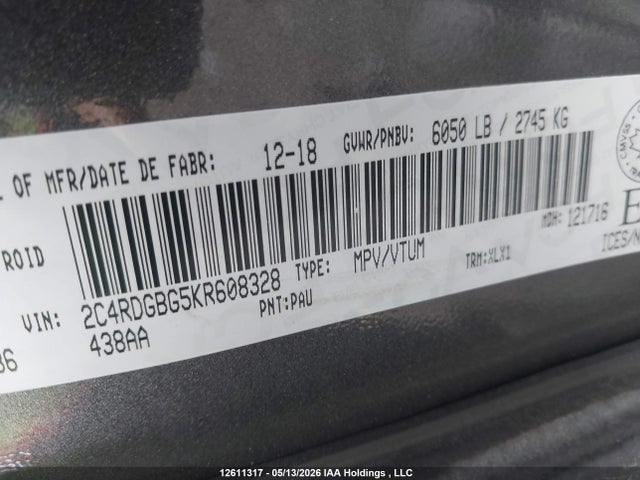Aukcja sprzedaży 2019 Dodge Grand Caravan Se, vin: 2C4RDGBG5KR608328, numer aukcji: 12611317