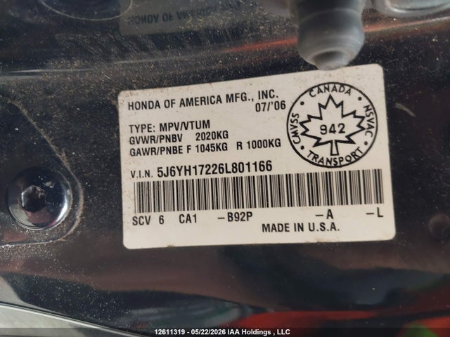 Aukcja sprzedaży 2006 Honda Element, vin: 5J6YH17226L801166, numer aukcji: 12611319