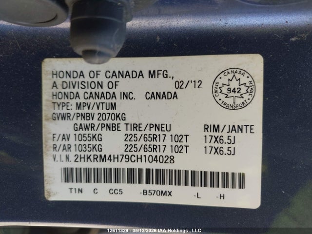 2012 Honda Cr-v Ex-l მანქანა იყიდება აუქციონზე, vin: 2HKRM4H79CH104028, აუქციონის ნომერი: 12611329
