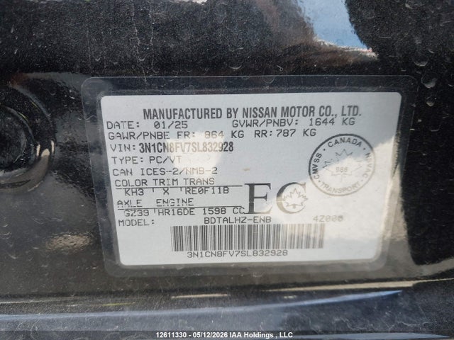 12611330 :رقم المزاد ، 3N1CN8FV7SL832928 vin ، 2025 Nissan Versa Sr مزاد بيع
