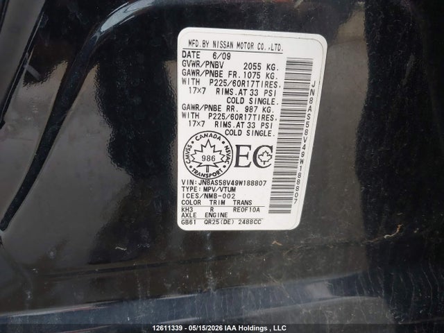 2009 Nissan Rogue Sl მანქანა იყიდება აუქციონზე, vin: JN8AS58V49W188807, აუქციონის ნომერი: 12611339