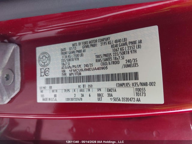 Продаж на аукціоні авто 2014 Ford Escape Titanium, vin: 1FMCU9J94EUA40905, номер лоту: 12611340