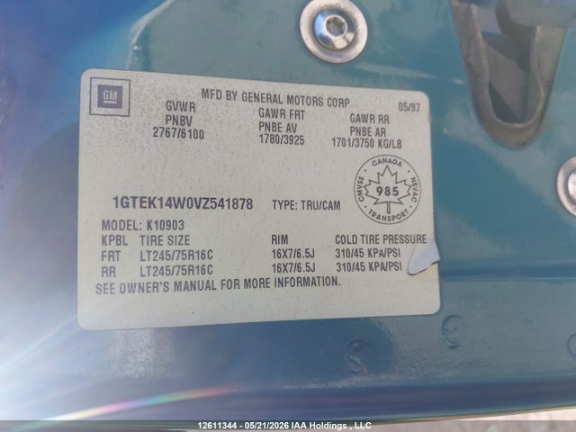 Aukcja sprzedaży 1997 Gmc Sierra K1500, vin: 1GTEK14W0VZ541878, numer aukcji: 12611344