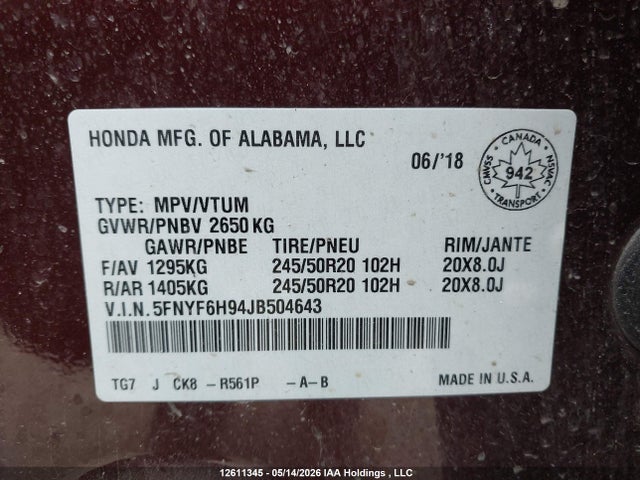 12611345 :رقم المزاد ، 5FNYF6H94JB504643 vin ، 2018 Honda Pilot Touring مزاد بيع