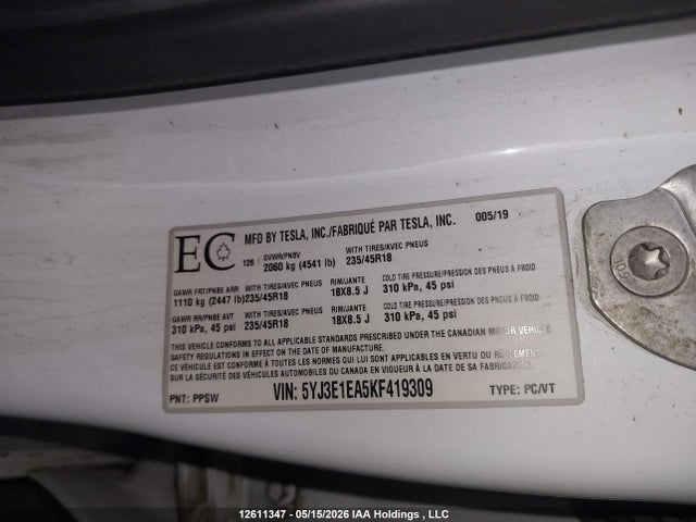 Продажа на аукционе авто 2019 Tesla Model 3, vin: 5YJ3E1EA5KF419309, номер лота: 12611347